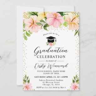 Watercolor Tropical Pink Flowers Graduation Invitation