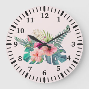 Watercolor Tropical Pink Hibiscus Flowers Large Clock