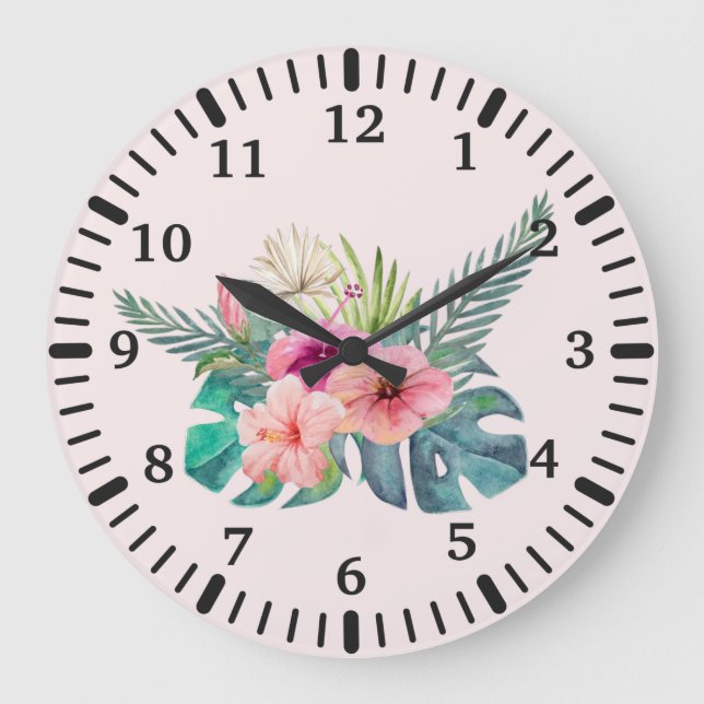 Watercolor Tropical Pink Hibiscus Flowers  Large Clock (Front)
