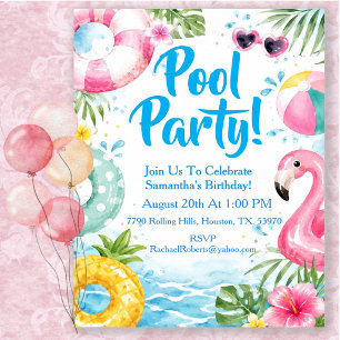 Watercolor Tropical Pool Birthday Party Invitation