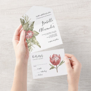 Watercolor Tropical Protea Wedding All In One Invitation