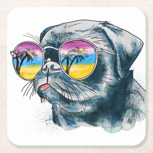 Watercolor Tropical Puppy Square Paper Coaster (Front)