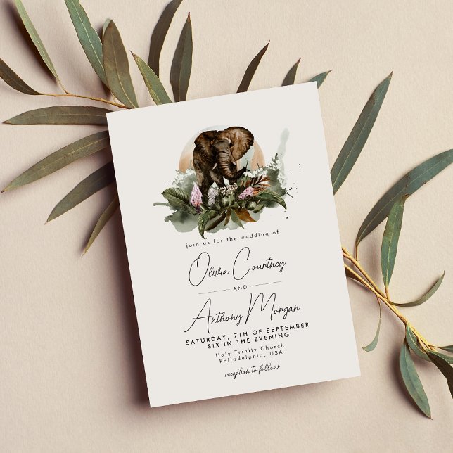 Watercolor Tropical Safari Jungle Elephant Wedding Invitation (Creator Uploaded)