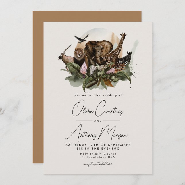 Watercolor Tropical Safari Jungle Wedding Invitation (Front/Back)