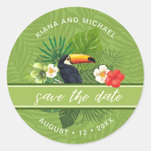 Watercolor Tropical Save the Date Green ID577 Classic Round Sticker