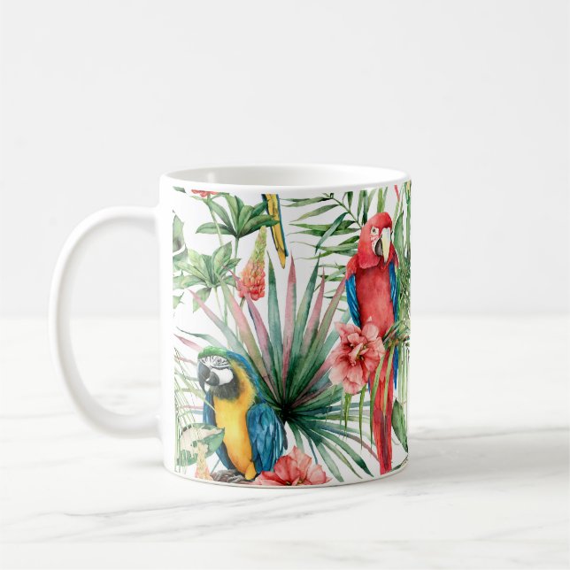 Watercolor tropical seamless pattern with parrots  coffee mug (Left)
