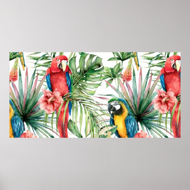 Watercolor tropical seamless pattern with parrots  poster (Front)