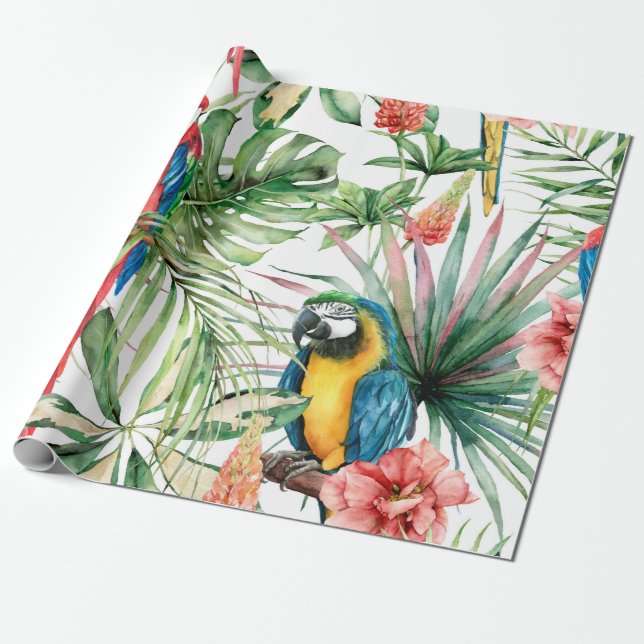 Watercolor tropical seamless pattern with parrots  wrapping paper (Unrolled)