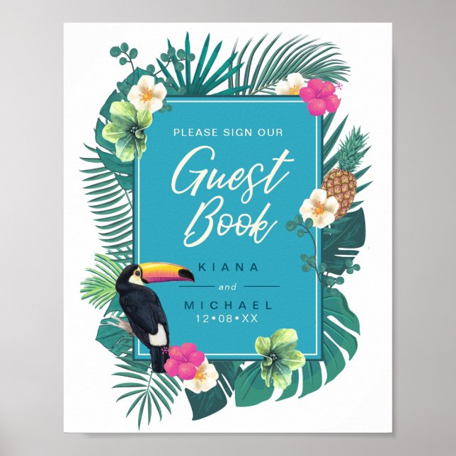 Watercolor Tropical Sign Guest Book Teal ID577 (Front)