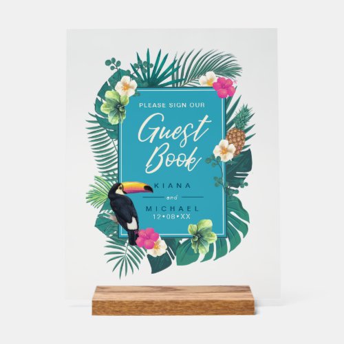 Watercolor Tropical Sign Guest Book Teal ID577