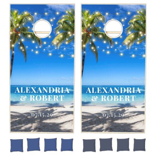 Watercolor Tropical String Lights Ocean Wedding  Cornhole Set