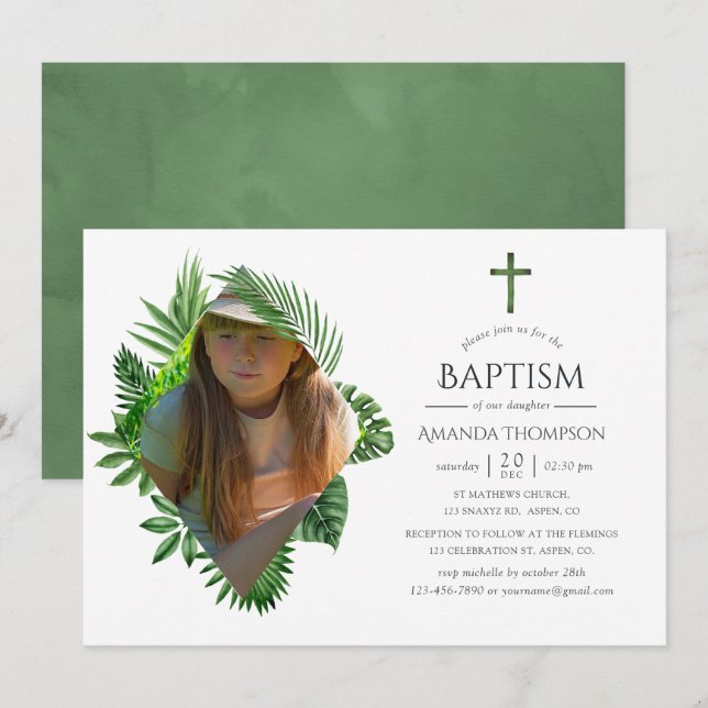 Watercolor Tropical Summer Baptism or Christening Invitation (Front/Back)
