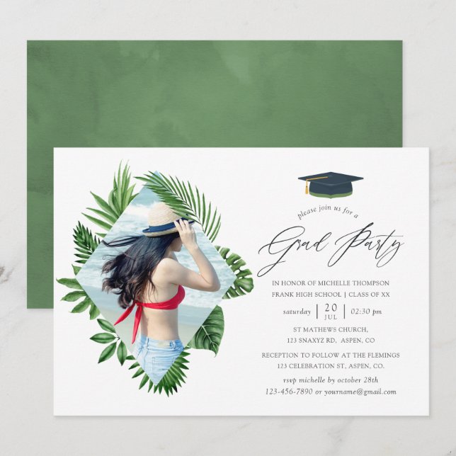 Watercolor Tropical Summer Beach Graduation Party Invitation (Front/Back)