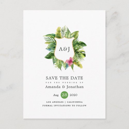 Watercolor Tropical Summer Beach Wedding Monogram Announcement Postcard