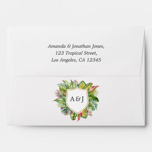 Watercolor Tropical Summer Beach Wedding Monogram Envelope (Back (Top Flap))
