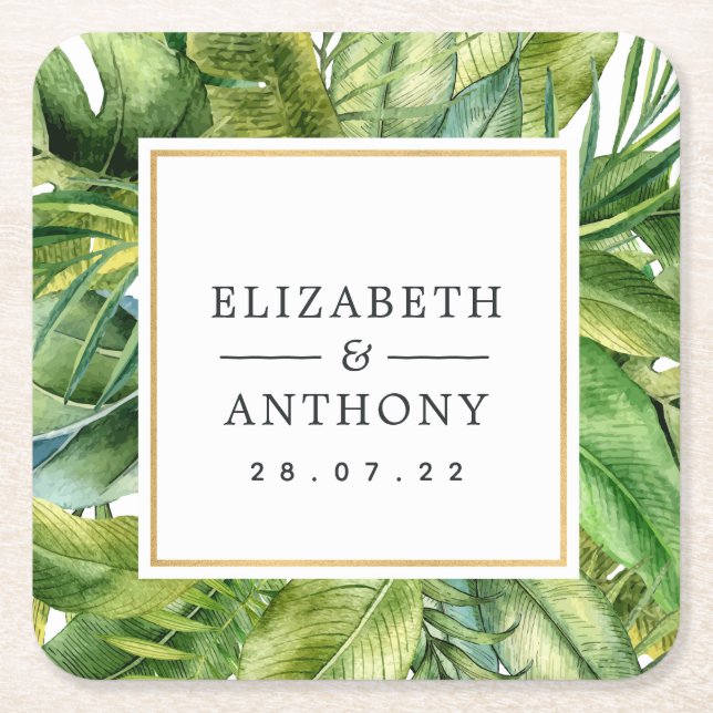 Watercolor Tropical Summer Beach Wedding Square Paper Coaster (Front)