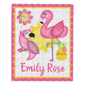 Watercolor Tropical Summer Flamingo & Parrot Jigsaw Puzzle