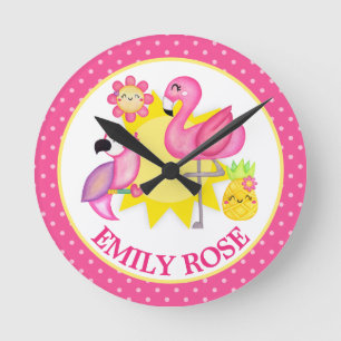 Watercolor Tropical Summer Flamingo & Parrot Round Clock