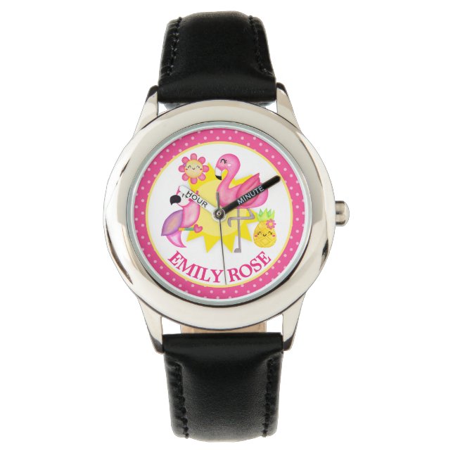 Watercolor Tropical Summer Flamingo & Parrot Watch (Front)