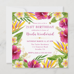 Watercolor Tropical Summer Flowers Frame Birthday Invitation