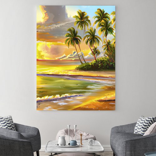 Watercolor Tropical Sunset Beach Painting Poster