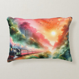 Watercolor Tropical Sunset Train Journey Accent Pillow
