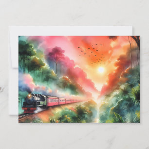 Watercolor Tropical Sunset Train Journey Holiday Card