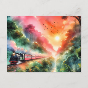 Watercolor Tropical Sunset Train Journey Holiday Postcard