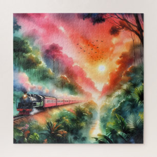 Watercolor Tropical Sunset Train Journey Jigsaw Puzzle