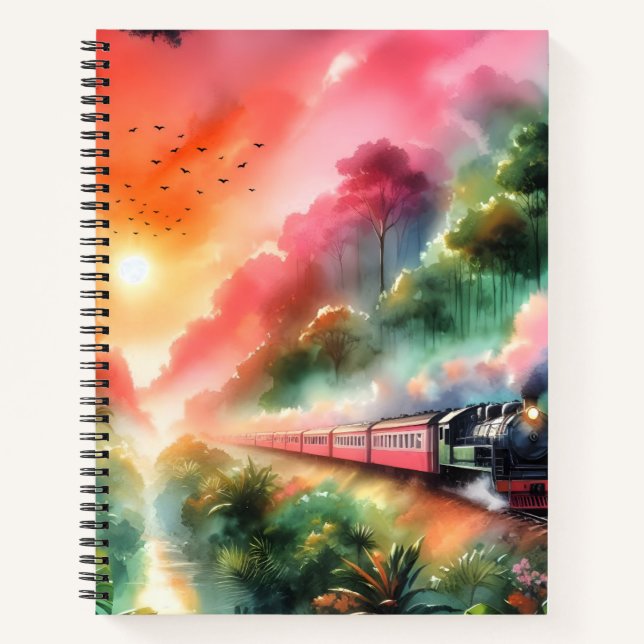 Watercolor Tropical Sunset Train Journey Notebook (Front)