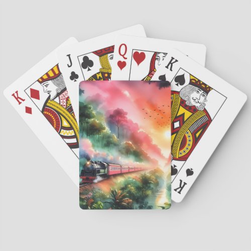 Watercolor Tropical Sunset Train Journey Poker Cards