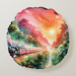 Watercolor Tropical Sunset Train Journey Round Pillow