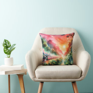 Watercolor Tropical Sunset Train Journey Throw Pillow