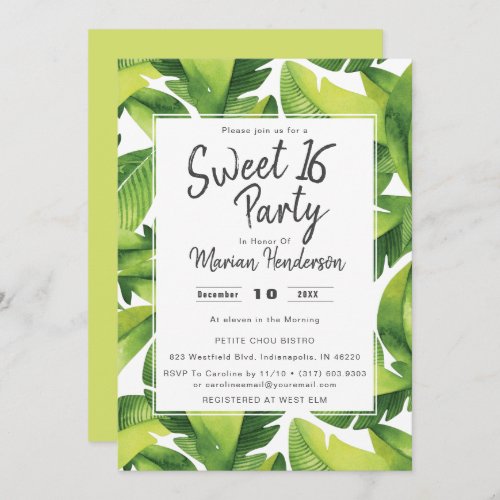 Watercolor Tropical Sweet 16 Party Invitation
