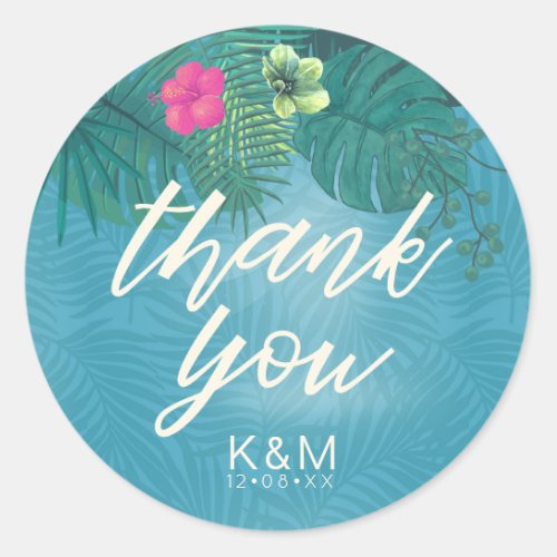 Watercolor Tropical Thank You Teal ID577 Classic Round Sticker