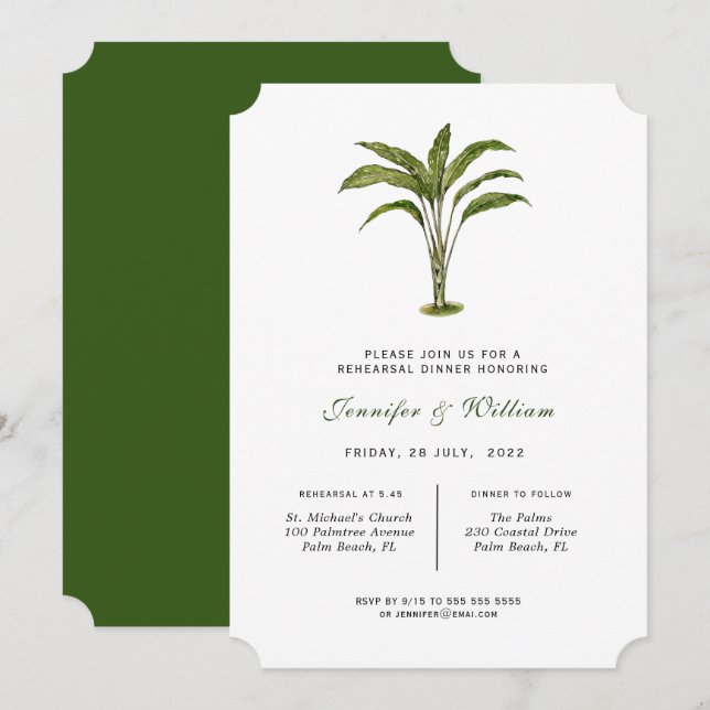 Watercolor tropical tree Rehearsal Dinner Announcement (Front/Back)
