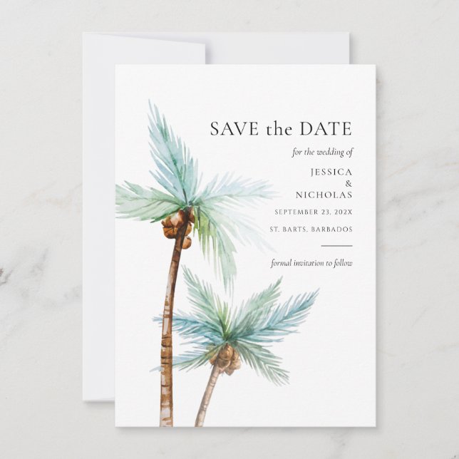 Watercolor Tropical Trees Wedding Save The Date (Front)