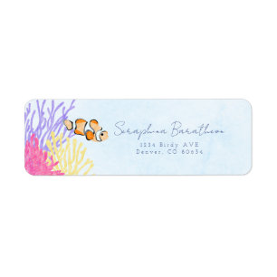 Watercolor Tropical Under The Sea Clown Fish Label