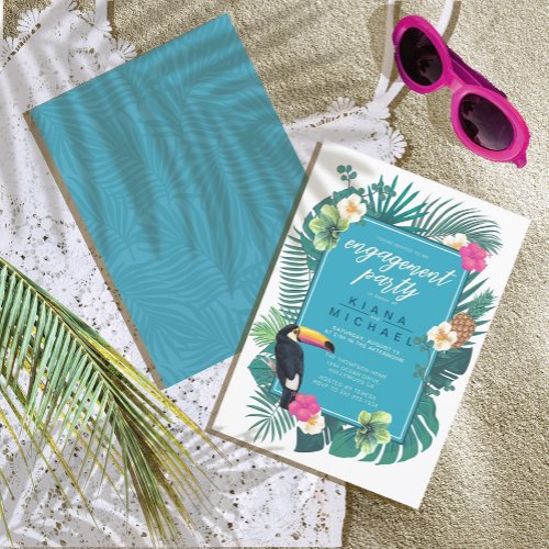 Watercolor Tropical wToucan Engagement Teal ID577 Invitation