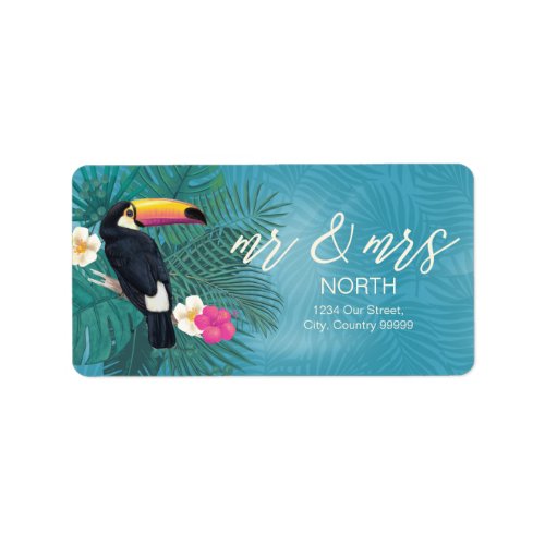 Watercolor Tropical wToucan Mr and Mrs Teal ID577 Label