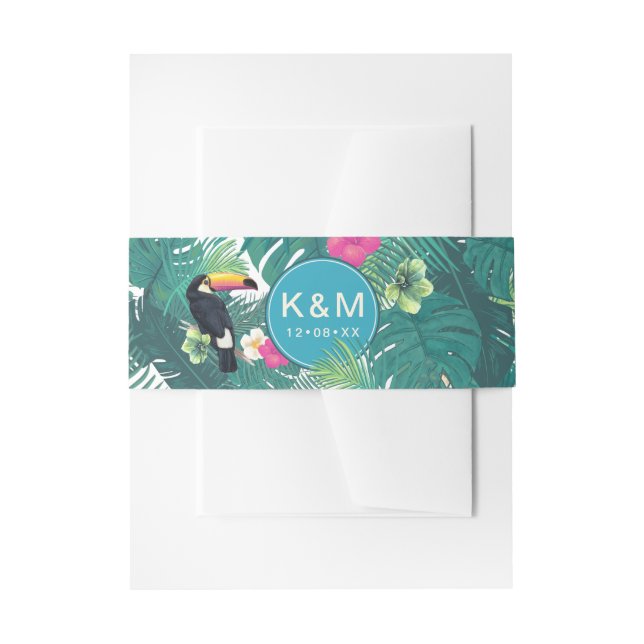 Watercolor Tropical w/Toucan Teal ID577 Invitation Belly Band (Front Example)