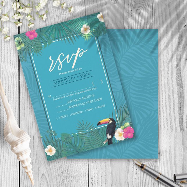 Watercolor Tropical w/Toucan Teal ID577 RSVP Card (Creator Uploaded)