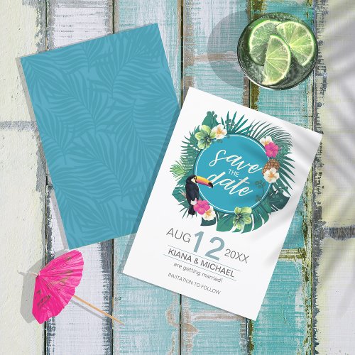Watercolor Tropical wToucan Teal ID577 Save The Date