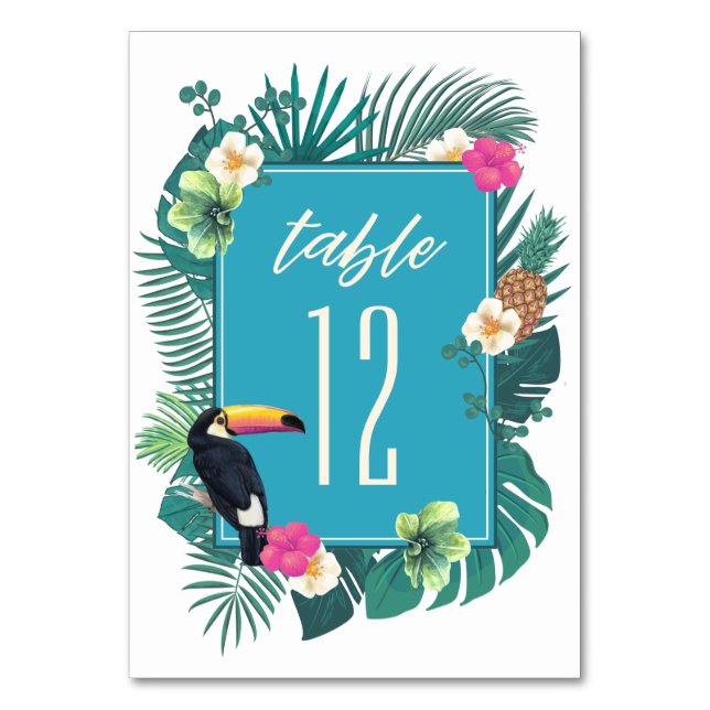 Watercolor Tropical w/Toucan Teal ID577  Table Number (Front)