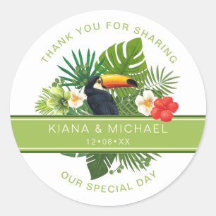Watercolor Tropical w/Toucan Thank You Green ID577 Classic Round Sticker