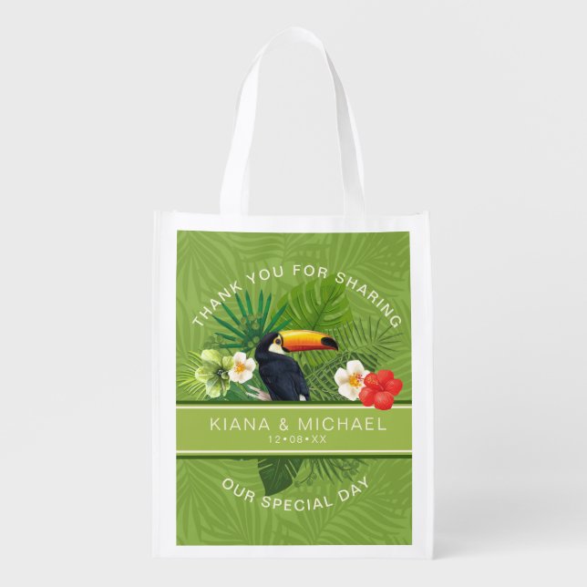 Watercolor Tropical w/Toucan Wedding Green ID577 Grocery Bag (Front)