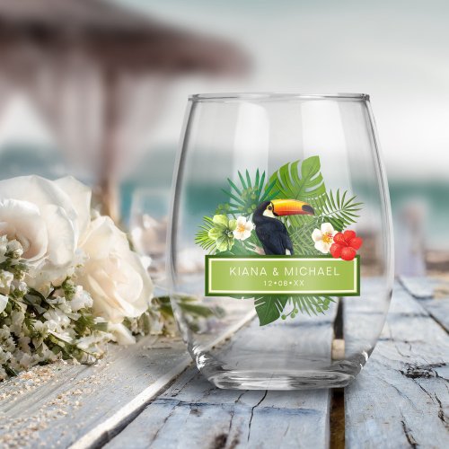 Watercolor Tropical wToucan Wedding ID577 Stemless Wine Glass