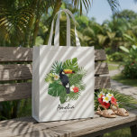 Watercolor Tropical w/Toucan Wedding Party ID577 Grocery Bag<br><div class="desc">Colorful 'Flower Girl' tote bag featuring a central ornament of watercolor hibiscus blooms, a bold toucan and lush palm leaves. Easily add a name and title to create a tote for each of your bridal party members using the provided template (we've added flower girl as an example). This tropical design...</div>