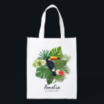 Watercolor Tropical w/Toucan Wedding Party ID577 Grocery Bag<br><div class="desc">Colorful 'Flower Girl' tote bag featuring a central ornament of watercolor hibiscus blooms, a bold toucan and lush palm leaves. Easily add a name and title to create a tote for each of your bridal party members using the provided template (we've added flower girl as an example). This tropical design...</div>