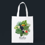 Watercolor Tropical w/Toucan Wedding Party ID577 Grocery Bag<br><div class="desc">Colorful 'Flower Girl' tote bag featuring a central ornament of watercolor hibiscus blooms, a bold toucan and lush palm leaves. Easily add a name and title to create a tote for each of your bridal party members using the provided template (we've added flower girl as an example). This tropical design...</div>